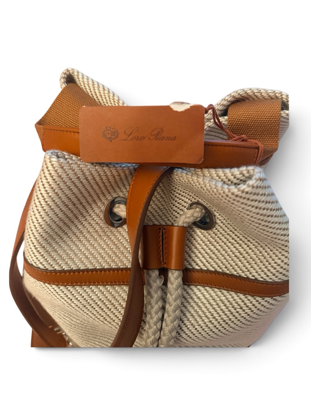 Loro Piana Cream Canvas Bucket Tote with Tan Leather Trim and Canvas Cover Bag - Picture 7 of 14
